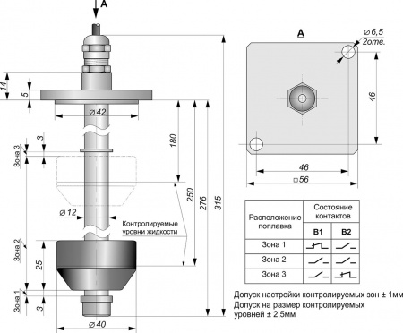 Датчик герконовый поплавковый уровня жидкости DFG 40.25-B2U.170-2GNC/NO-250.12-K46-G5-D